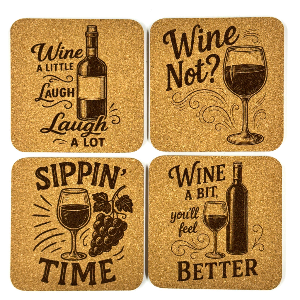 Funny Wine Coaster Set – 8 Pack Cork Coasters, Wine Sayings, Wine Lover Gift