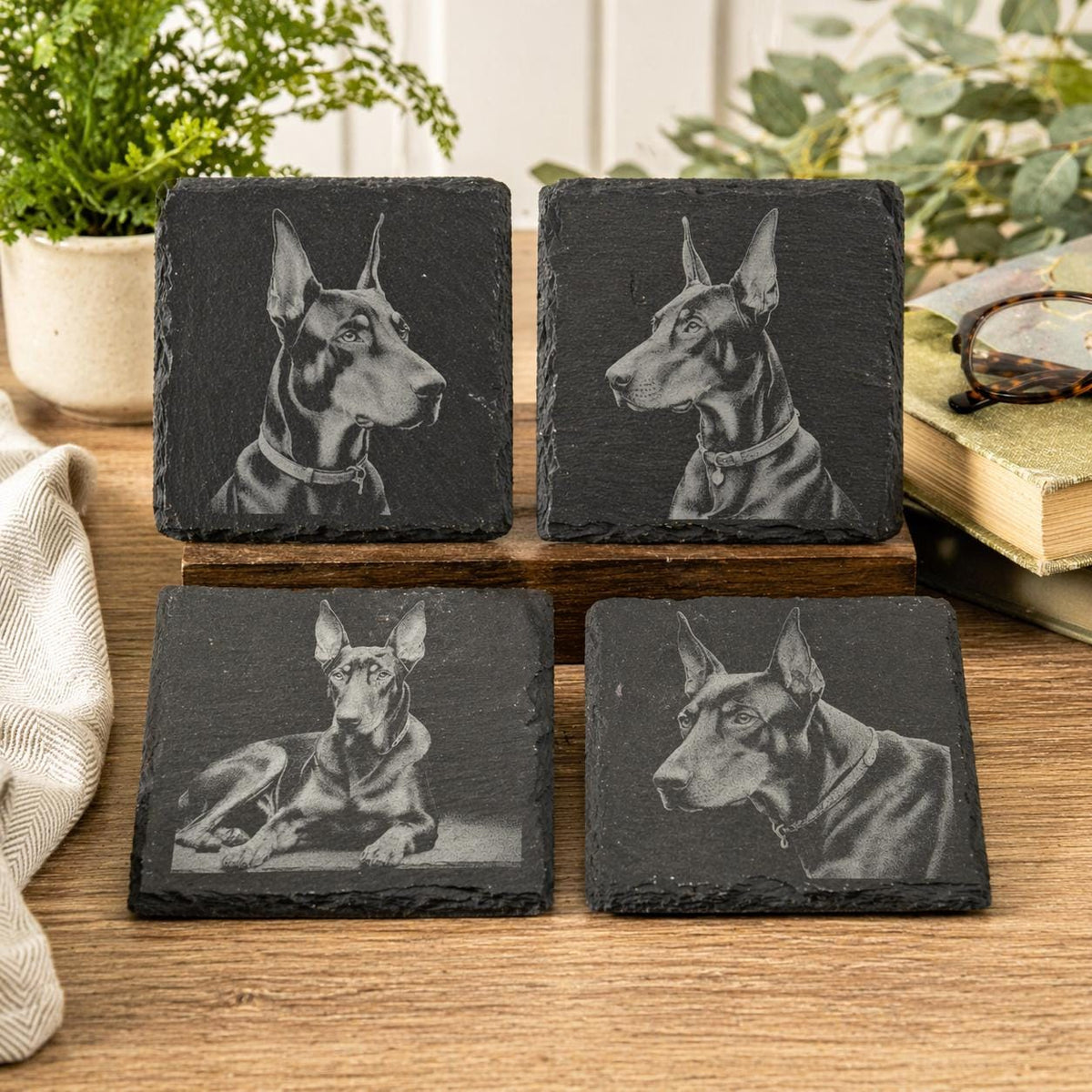 Doberman Coaster Set – 4 Pack Slate Coasters, Dobie Portraits, Dog Lover Gift