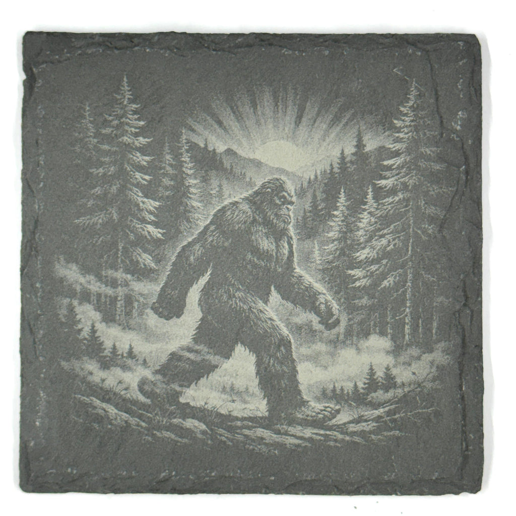 Bigfoot Wilderness Coaster Set – 4 Pack Slate Coasters, Sasquatch Forest, Campfire & Mountain Scenes