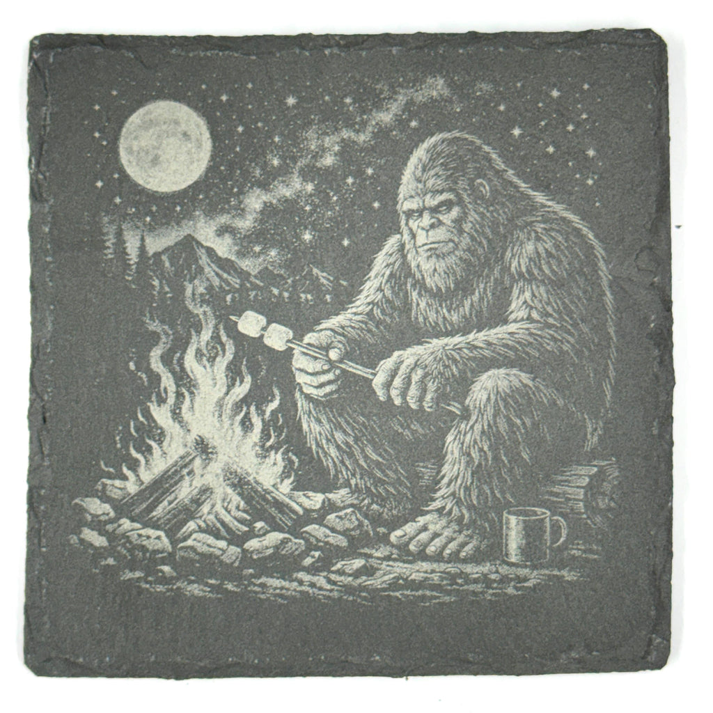 Bigfoot Wilderness Coaster Set – 4 Pack Slate Coasters, Sasquatch Forest, Campfire & Mountain Scenes