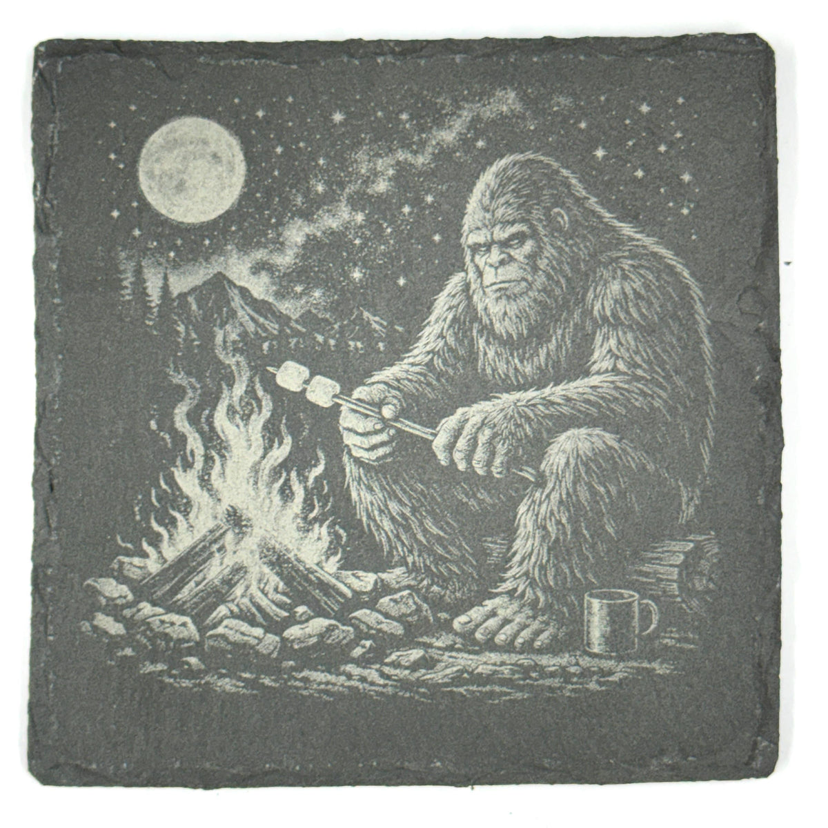 Bigfoot Wilderness Coaster Set – 4 Pack Slate Coasters, Sasquatch Forest, Campfire & Mountain Scenes