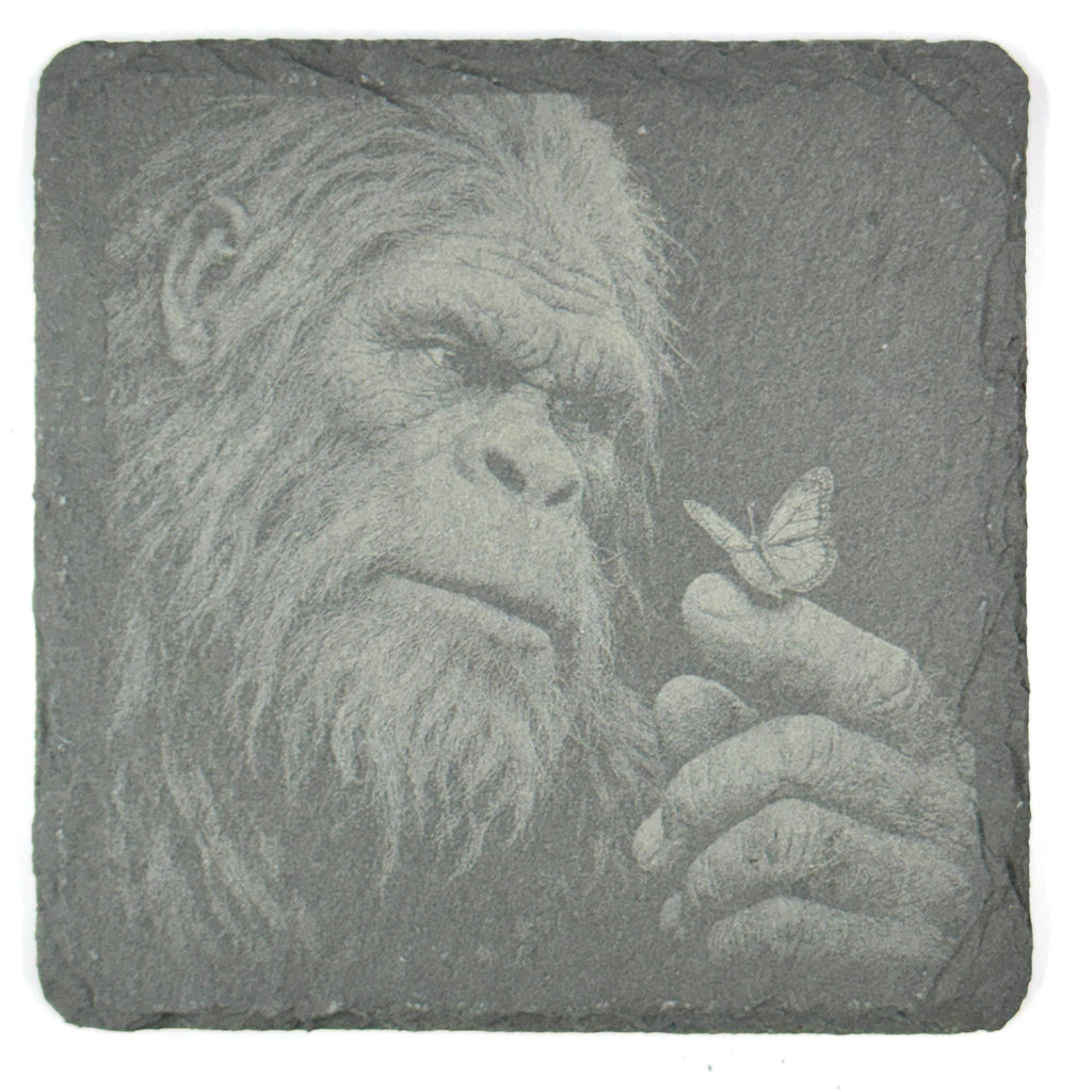 Bigfoot Portrait Coaster Set – 4 Pack Slate Coasters, Sasquatch Close-Up Faces & Forest Scenes
