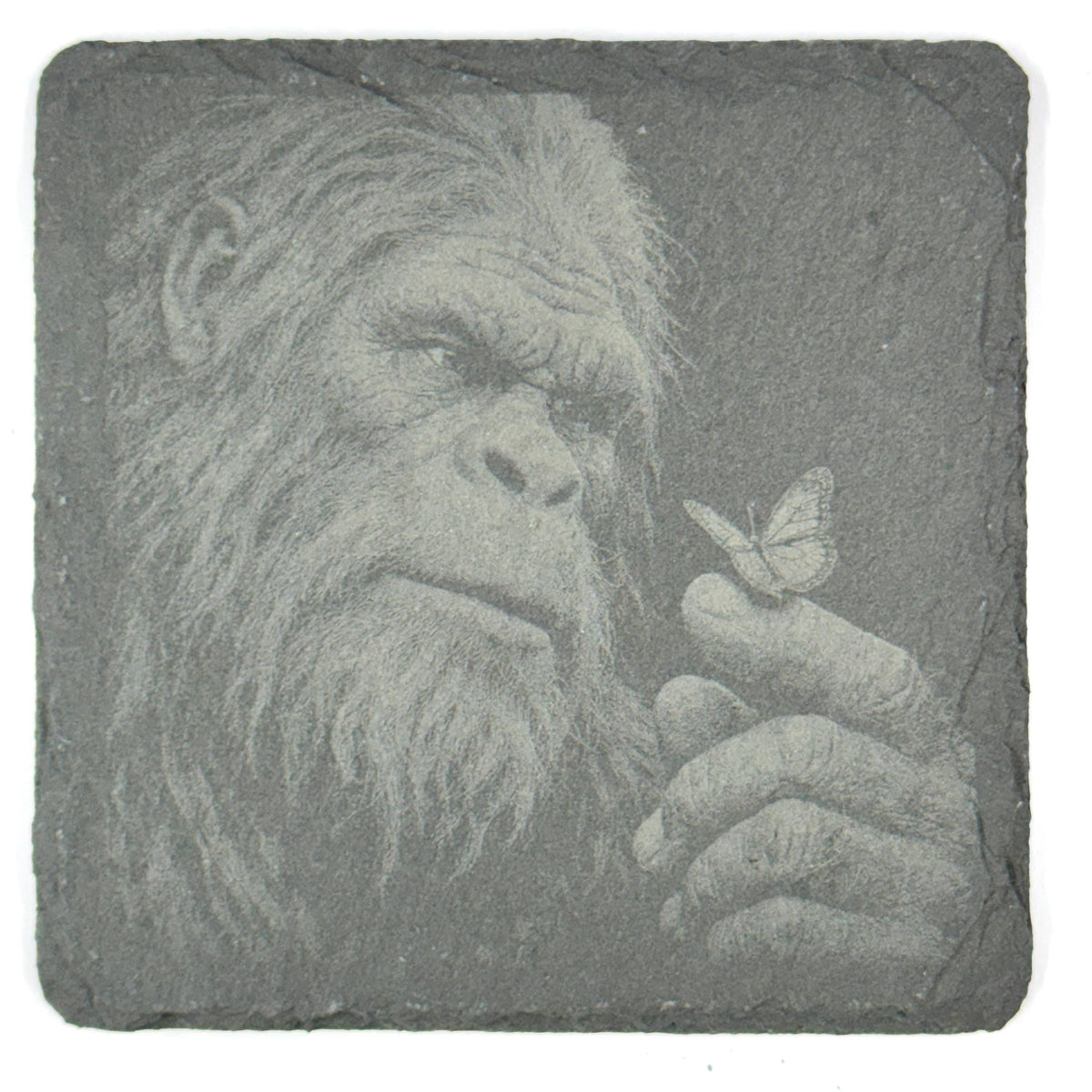 Bigfoot Portrait Coaster Set – 4 Pack Slate Coasters, Sasquatch Close-Up Faces & Forest Scenes