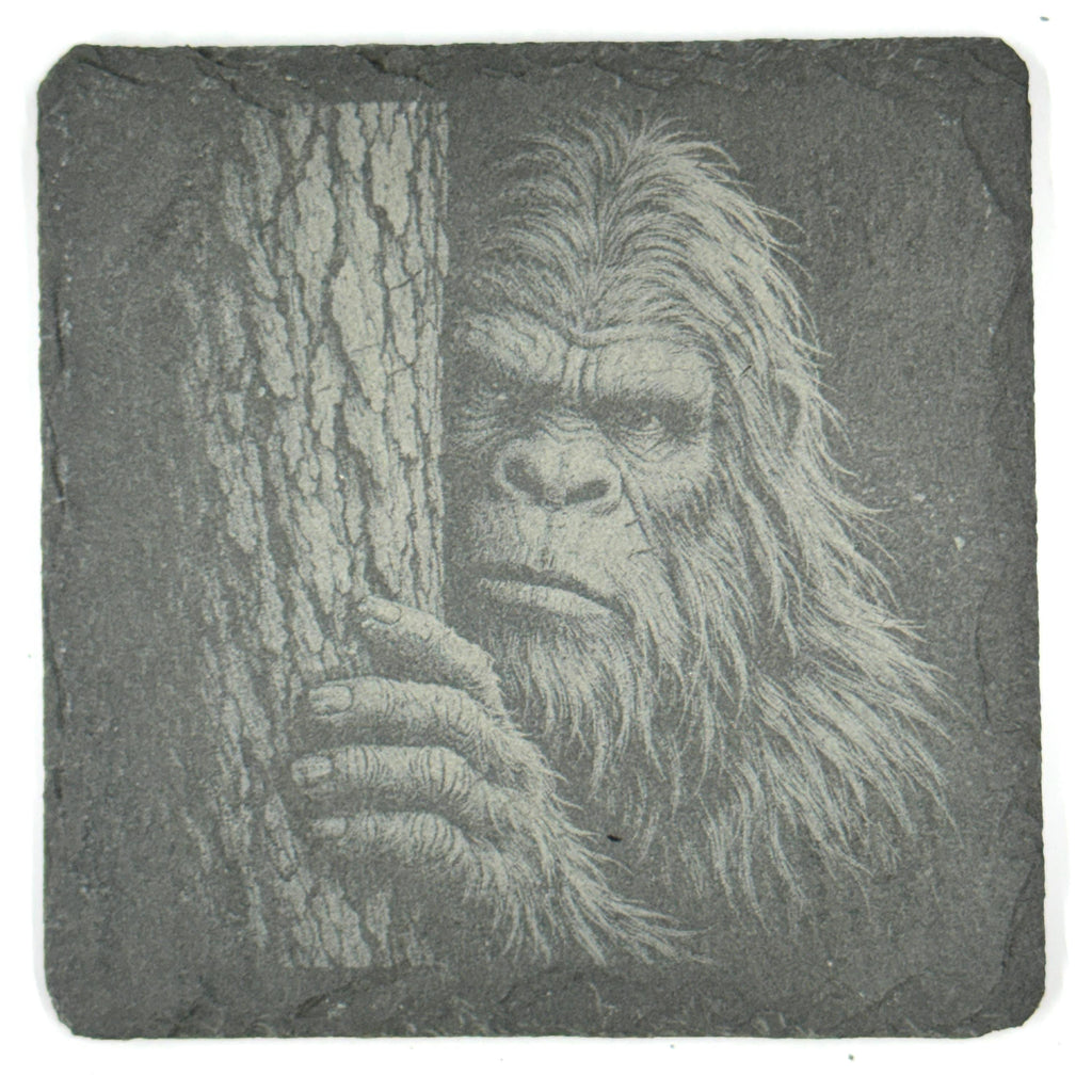 Bigfoot Portrait Coaster Set – 4 Pack Slate Coasters, Sasquatch Close-Up Faces & Forest Scenes