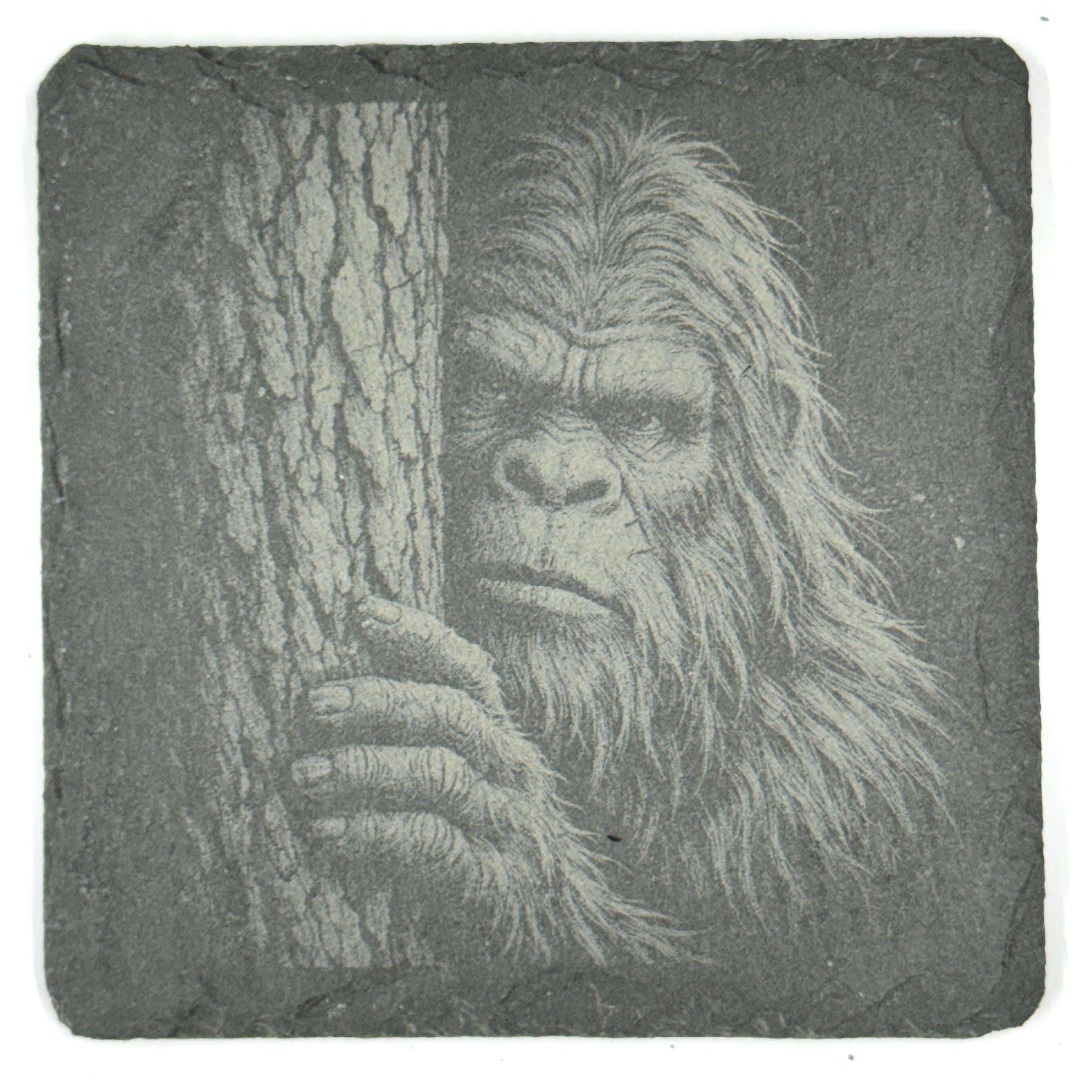 Bigfoot Portrait Coaster Set – 4 Pack Slate Coasters, Sasquatch Close-Up Faces & Forest Scenes