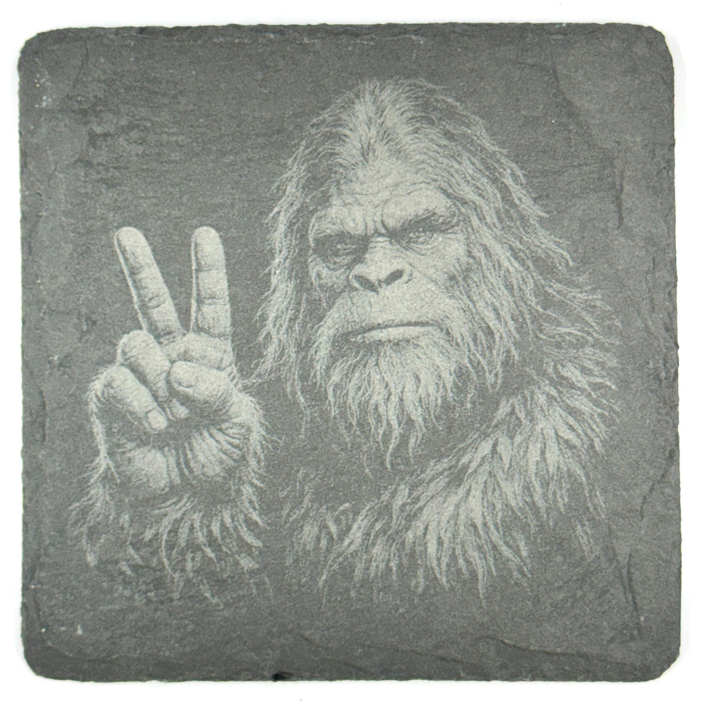 Bigfoot Portrait Coaster Set – 4 Pack Slate Coasters, Sasquatch Close-Up Faces & Forest Scenes