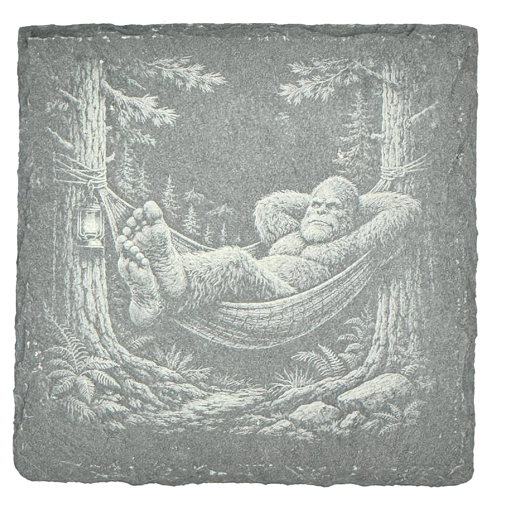 Funny Bigfoot Coaster Set – 4 Pack Slate Coasters, Sasquatch Skateboard, ATV, Kayak & Hammock