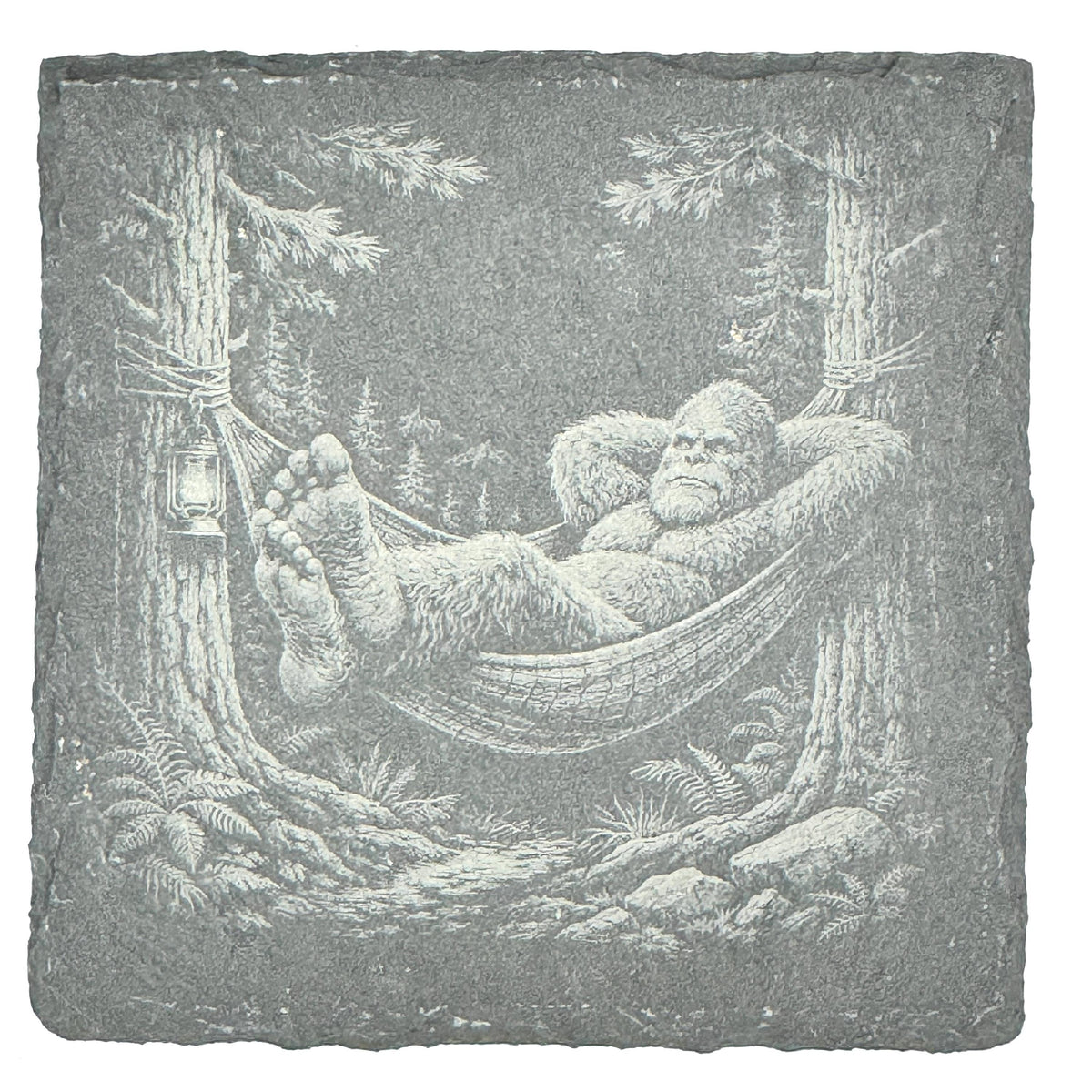 Funny Bigfoot Coaster Set – 4 Pack Slate Coasters, Sasquatch Skateboard, ATV, Kayak & Hammock