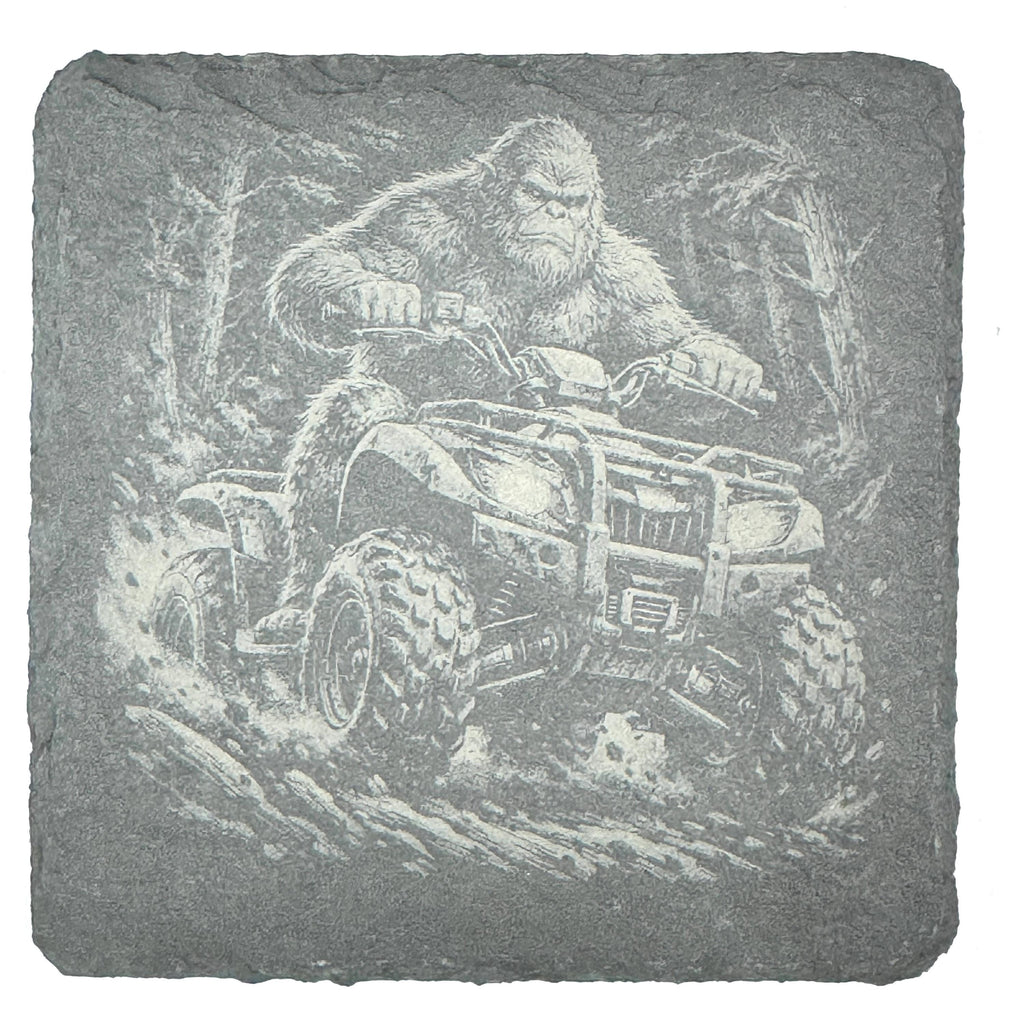 Funny Bigfoot Coaster Set – 4 Pack Slate Coasters, Sasquatch Skateboard, ATV, Kayak & Hammock