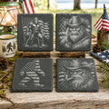 Patriotic Bigfoot Coaster Set – 4 Pack Slate Coasters, American Flag Sasquatch, Cowboy Bigfoot