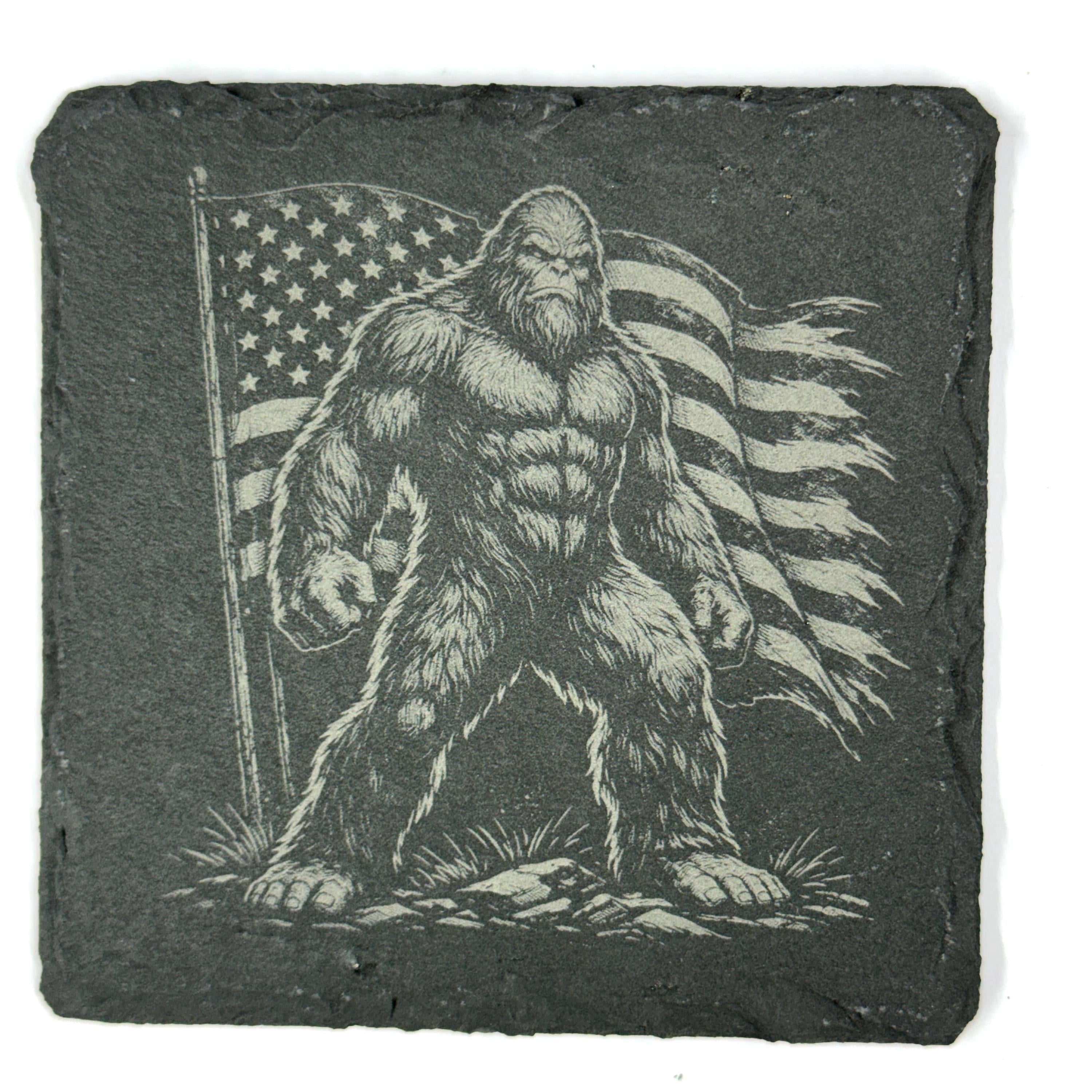 Patriotic Bigfoot Coaster Set – 4 Pack Slate Coasters, American Flag Sasquatch, Cowboy Bigfoot