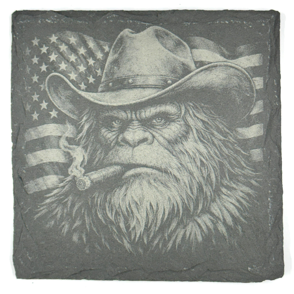 Patriotic Bigfoot Coaster Set – 4 Pack Slate Coasters, American Flag Sasquatch, Cowboy Bigfoot