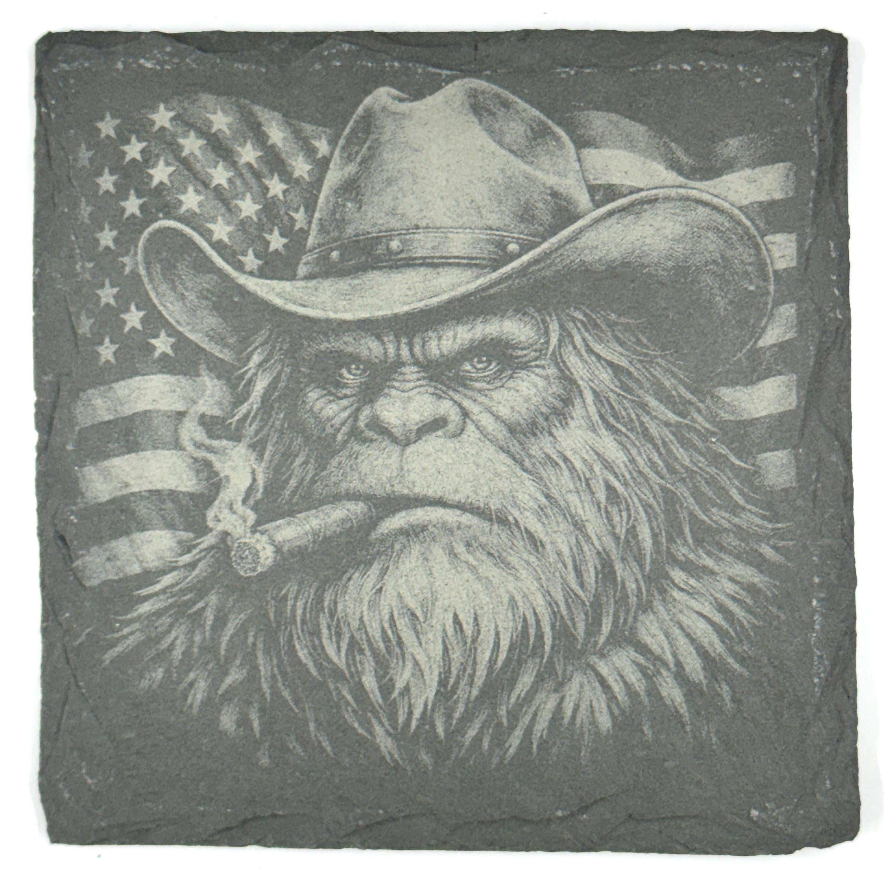 Patriotic Bigfoot Coaster Set – 4 Pack Slate Coasters, American Flag Sasquatch, Cowboy Bigfoot