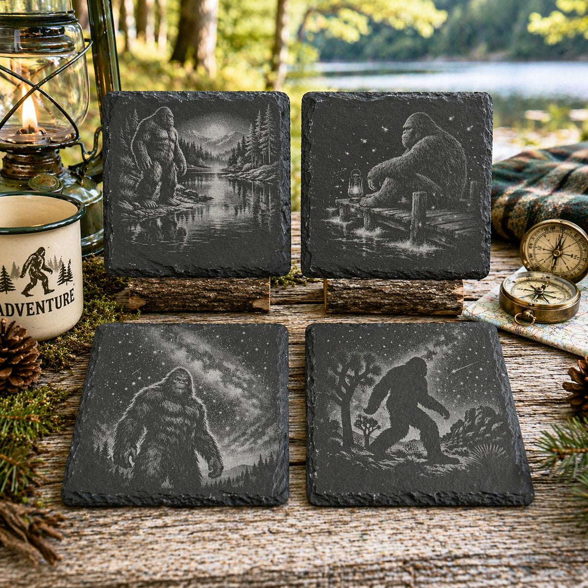 Bigfoot Night Scene Coaster Set – 4 Pack Slate Coasters, Sasquatch Forest & Campfire Scenes