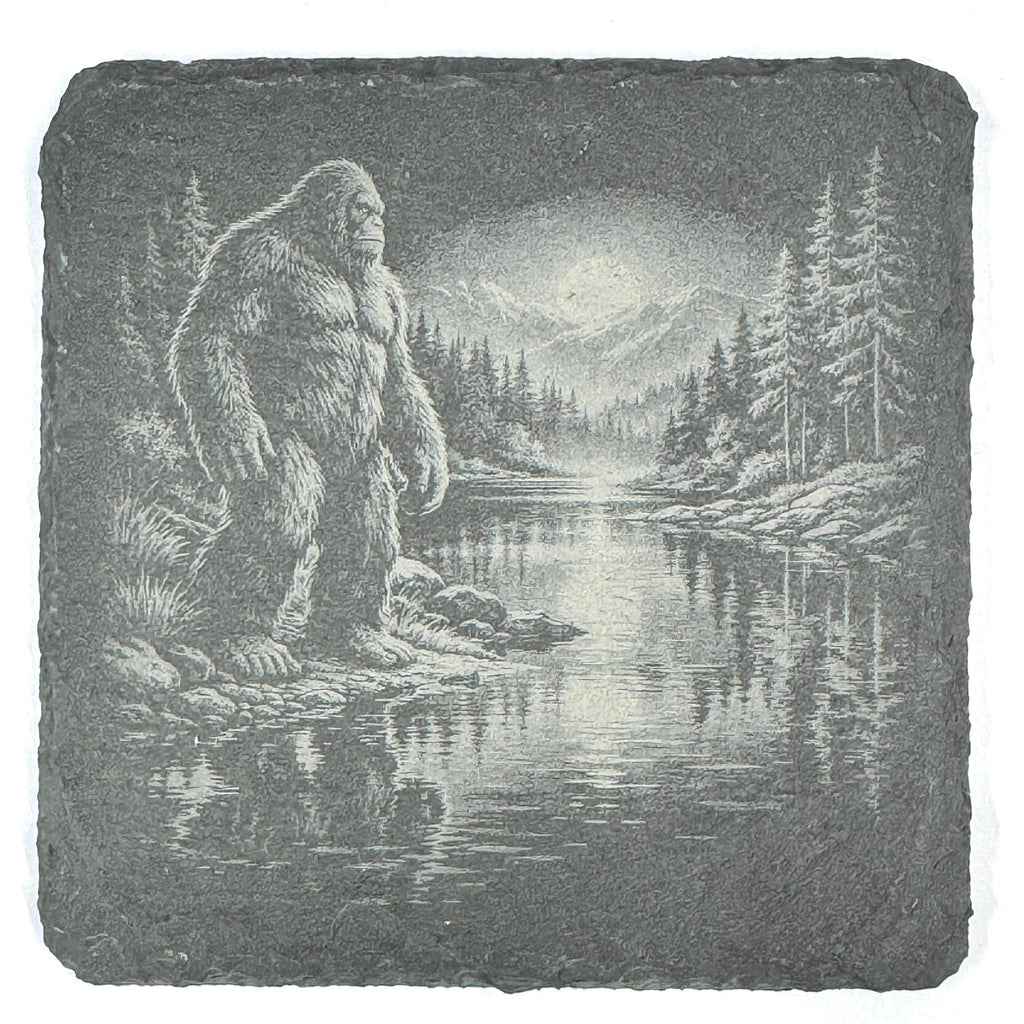 Bigfoot Night Scene Coaster Set – 4 Pack Slate Coasters, Sasquatch Forest & Campfire Scenes