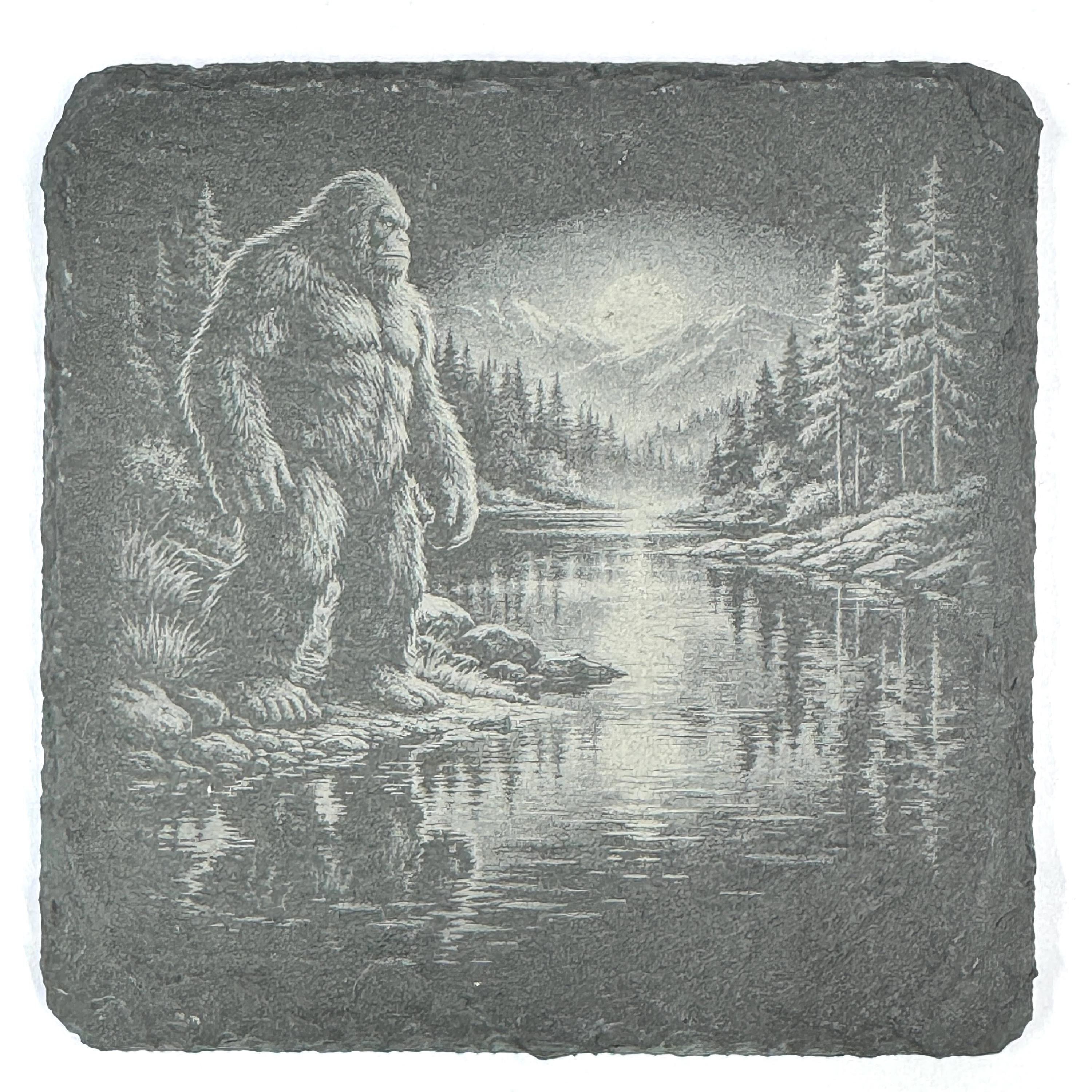 Bigfoot Night Scene Coaster Set – 4 Pack Slate Coasters, Sasquatch Forest & Campfire Scenes