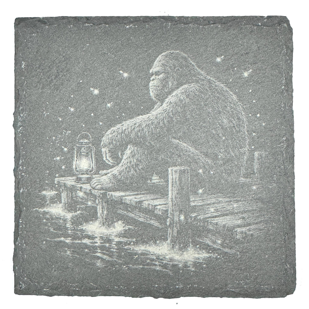 Bigfoot Night Scene Coaster Set – 4 Pack Slate Coasters, Sasquatch Forest & Campfire Scenes