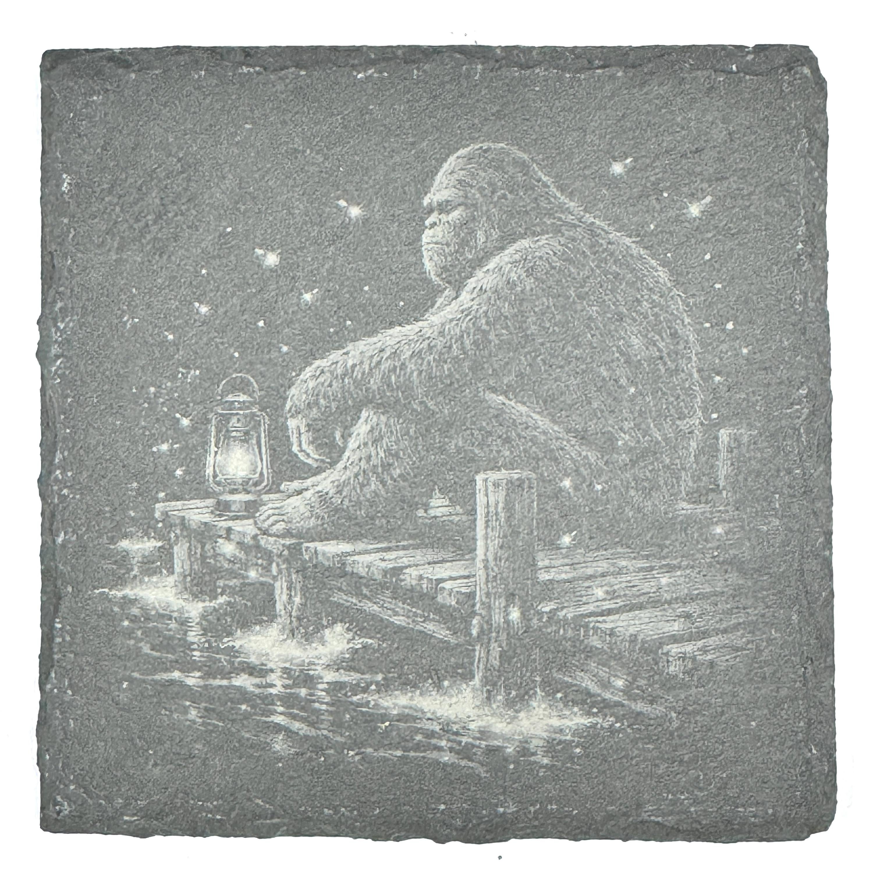 Bigfoot Night Scene Coaster Set – 4 Pack Slate Coasters, Sasquatch Forest & Campfire Scenes