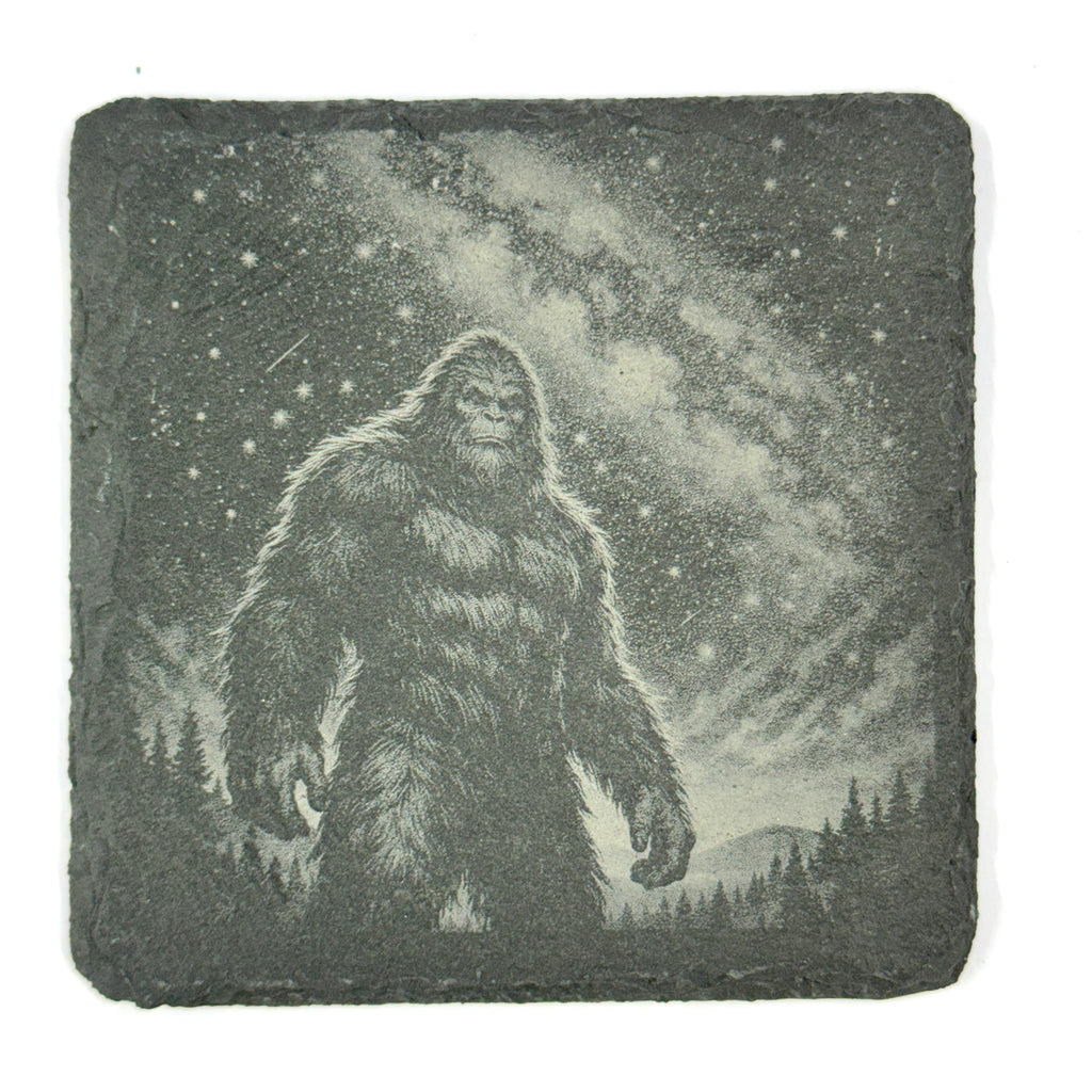 Bigfoot Night Scene Coaster Set – 4 Pack Slate Coasters, Sasquatch Forest & Campfire Scenes