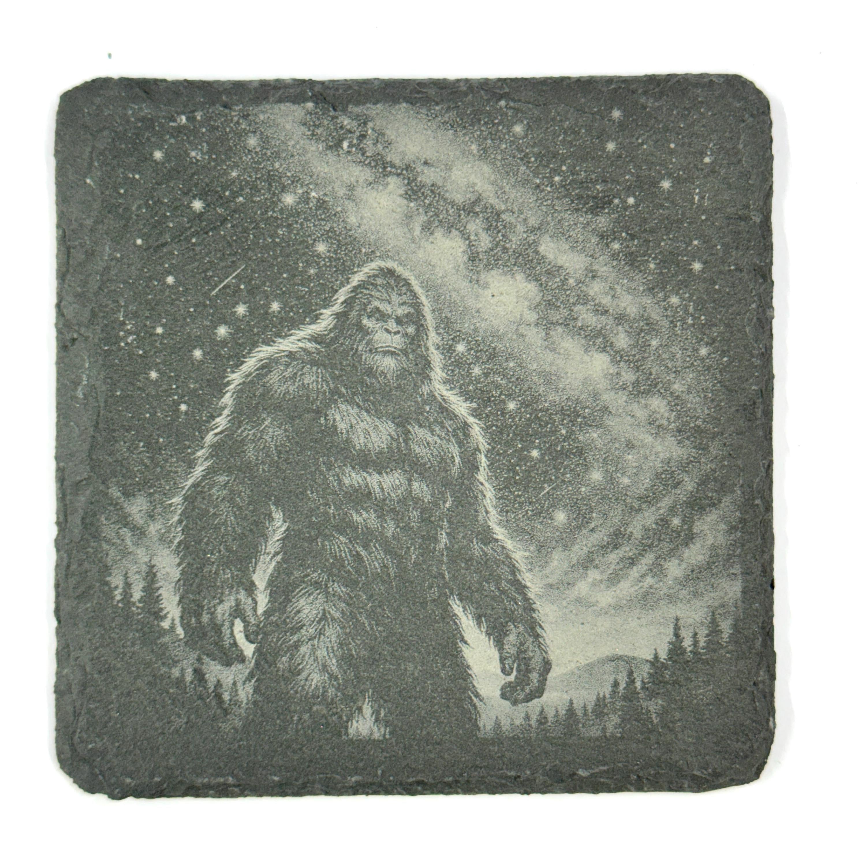 Bigfoot Night Scene Coaster Set – 4 Pack Slate Coasters, Sasquatch Forest & Campfire Scenes