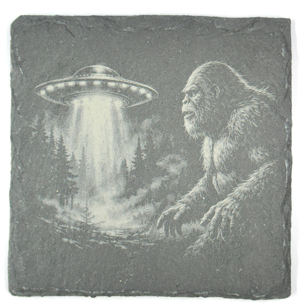 Bigfoot UFO Coaster Set – 4 Pack Slate Coasters, Sasquatch & Flying Saucer Forest Scenes