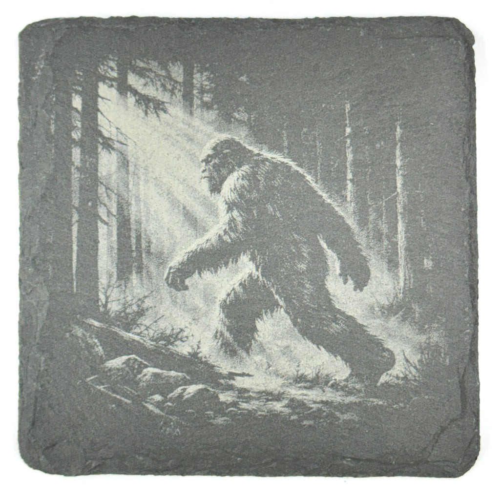 Bigfoot UFO Coaster Set – 4 Pack Slate Coasters, Sasquatch & Flying Saucer Forest Scenes