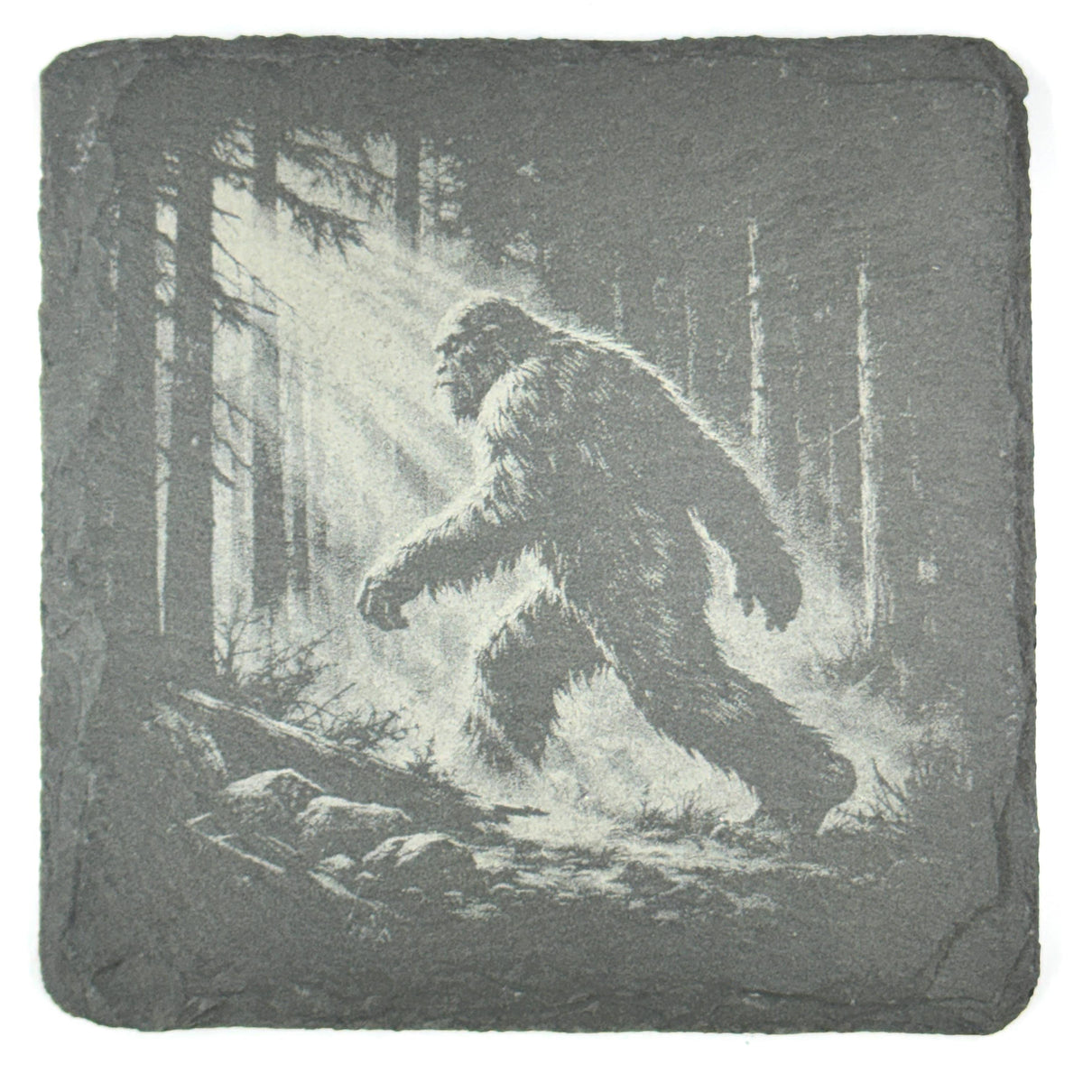 Bigfoot UFO Coaster Set – 4 Pack Slate Coasters, Sasquatch & Flying Saucer Forest Scenes