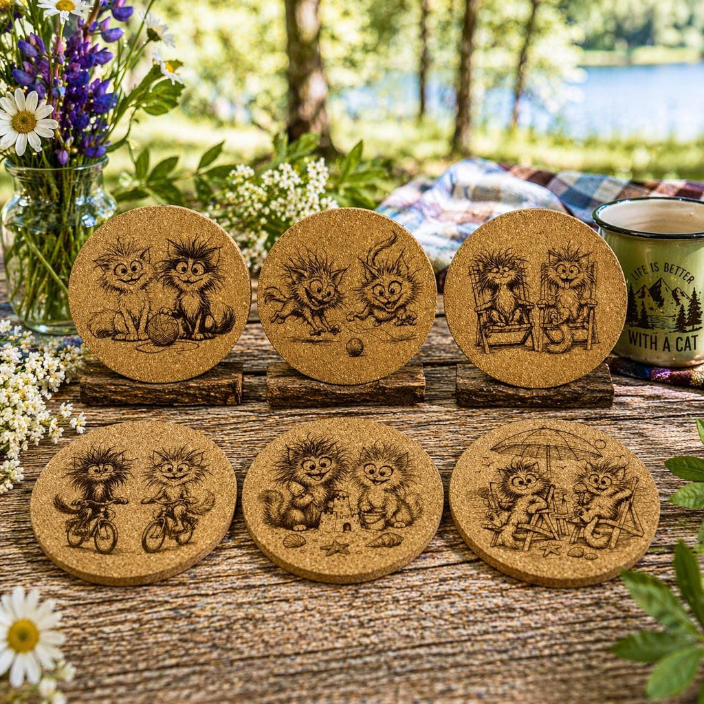 Funny Cat Cork Coasters – 6 Pack Laser Engraved Drinkware