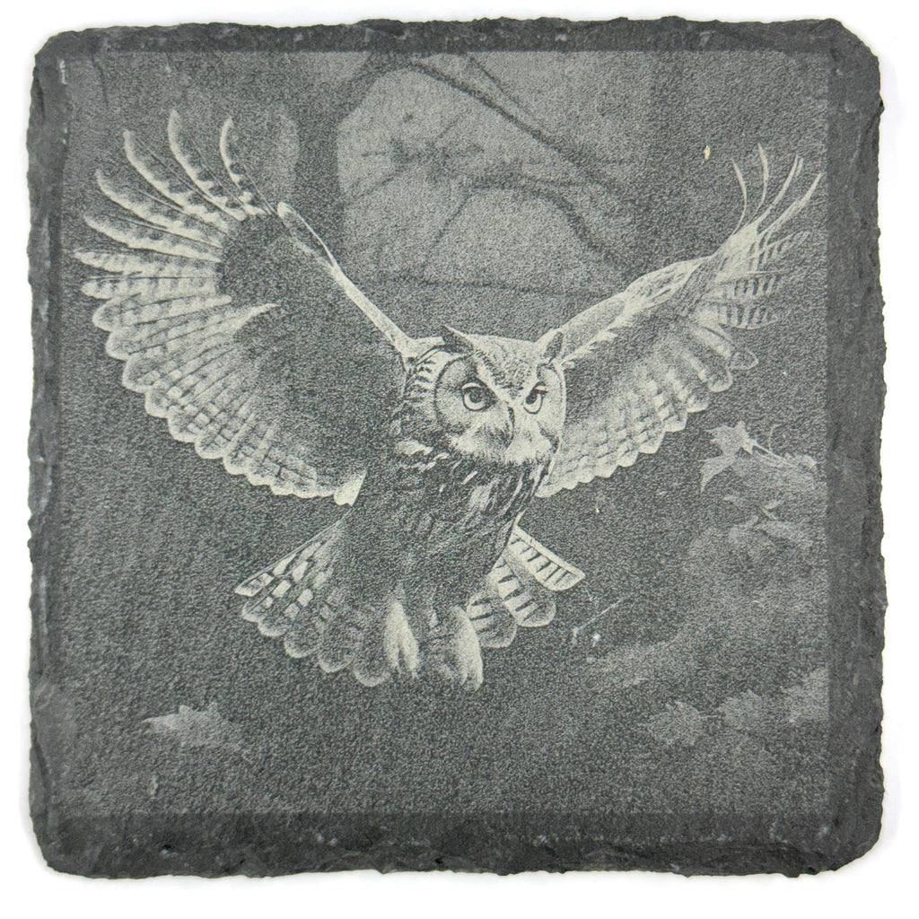 Great Horned Owl Slate Coasters – 4 Wildlife Designs in Rustic Stone