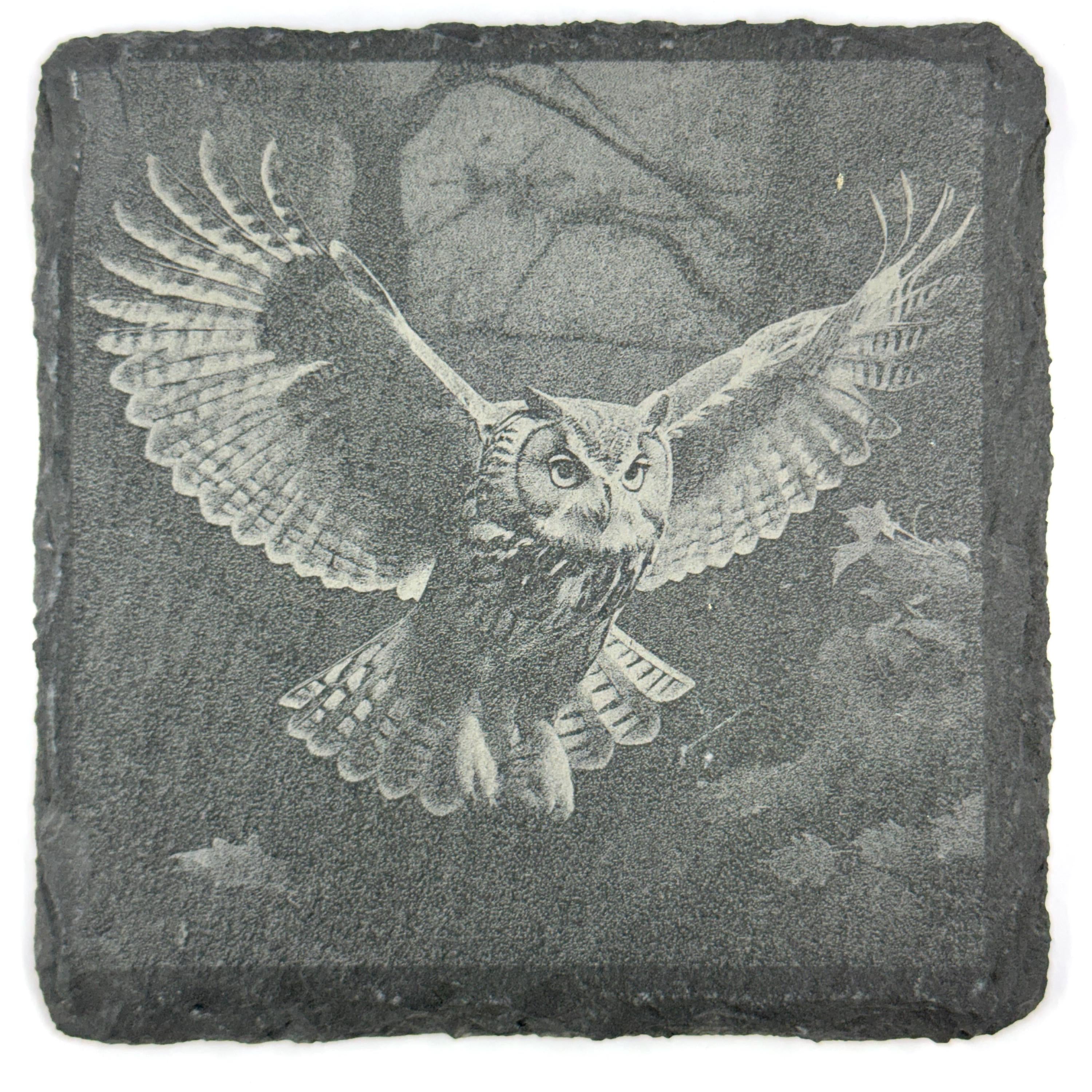 Great Horned Owl Slate Coasters – 4 Wildlife Designs in Rustic Stone