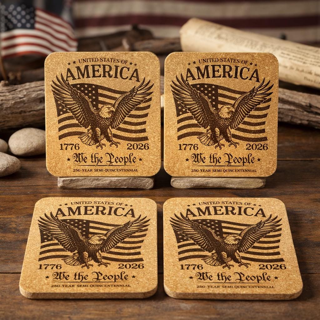 Patriotic Eagle Flag Coasters Set, America 250th Birthday 1776–2026 Cork Coasters