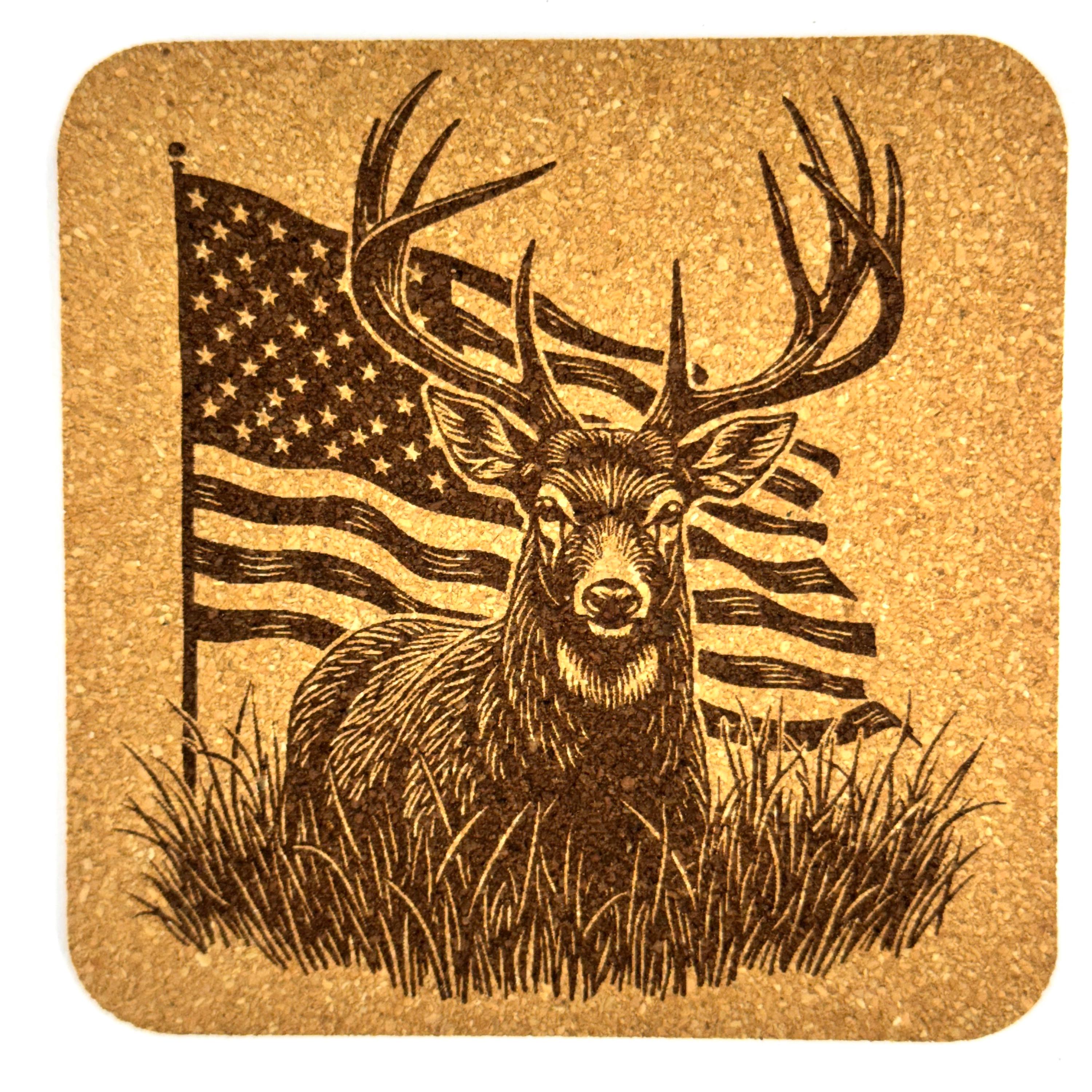 Patriotic Deer Cork Coaster Set, Rustic American Flag Wildlife Drink Coasters
