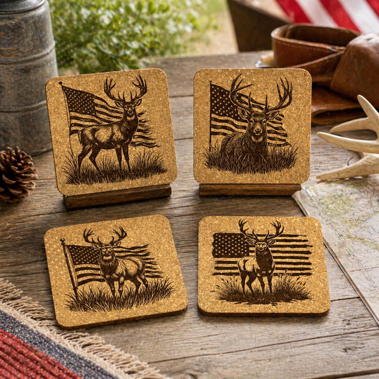 Patriotic Deer Cork Coaster Set, Rustic American Flag Wildlife Drink Coasters