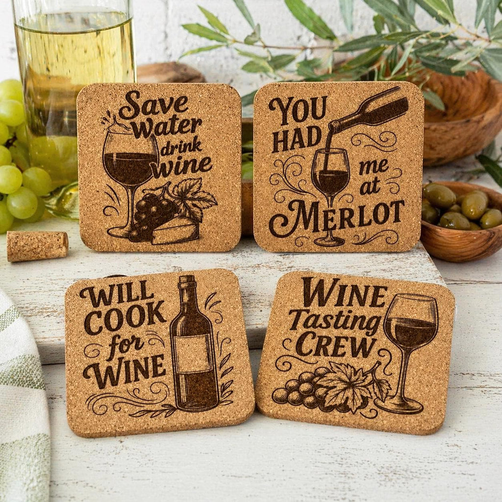 Funny Wine Coaster Set – 8 Pack Cork Coasters, Wine Sayings, Wine Lover Gift