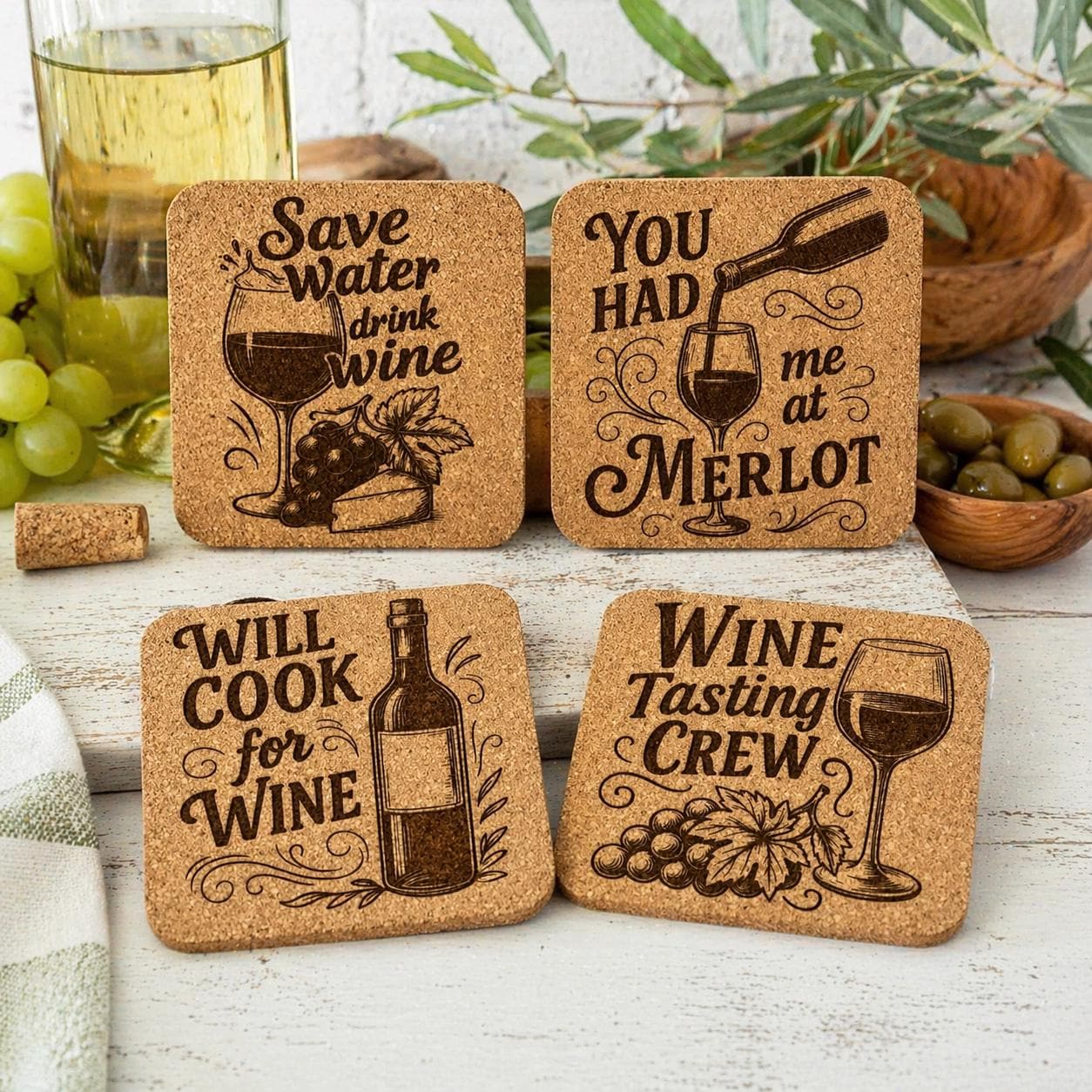 Funny Wine Coaster Set – 8 Pack Cork Coasters, Wine Sayings, Wine Lover Gift