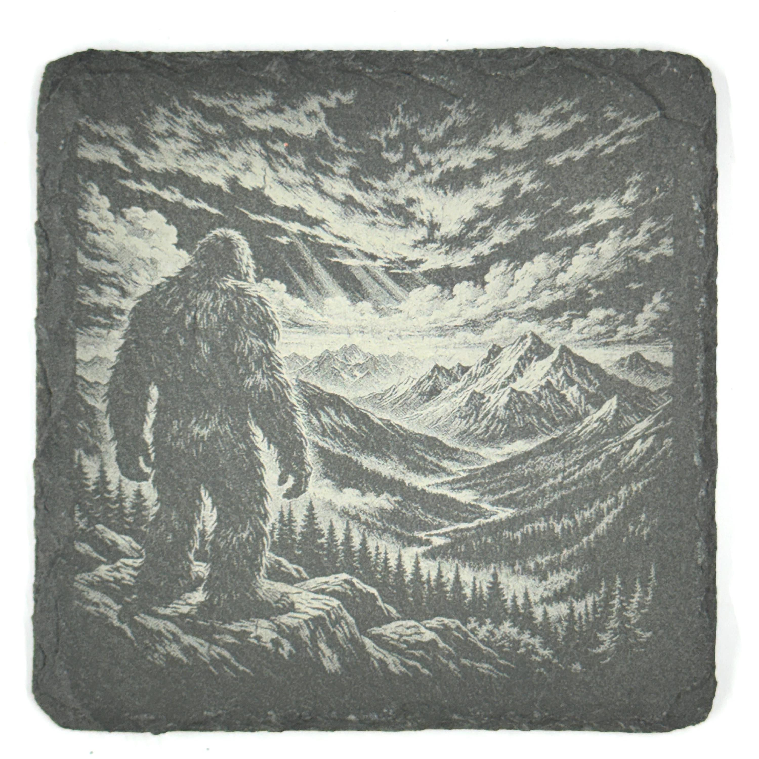 Bigfoot Wilderness Coaster Set – 4 Pack Slate Coasters, Sasquatch Forest, Campfire & Mountain Scenes