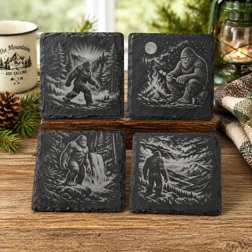 Bigfoot Wilderness Coaster Set – 4 Pack Slate Coasters, Sasquatch Forest, Campfire & Mountain Scenes