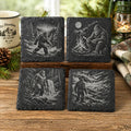 Bigfoot Wilderness Coaster Set – 4 Pack Slate Coasters, Sasquatch Forest, Campfire & Mountain Scenes