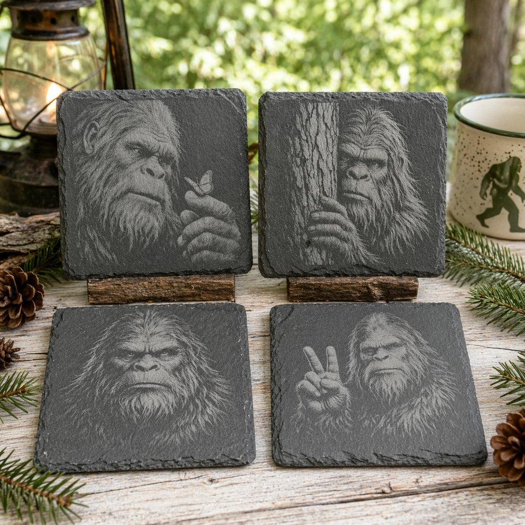Bigfoot Portrait Coaster Set – 4 Pack Slate Coasters, Sasquatch Close-Up Faces & Forest Scenes