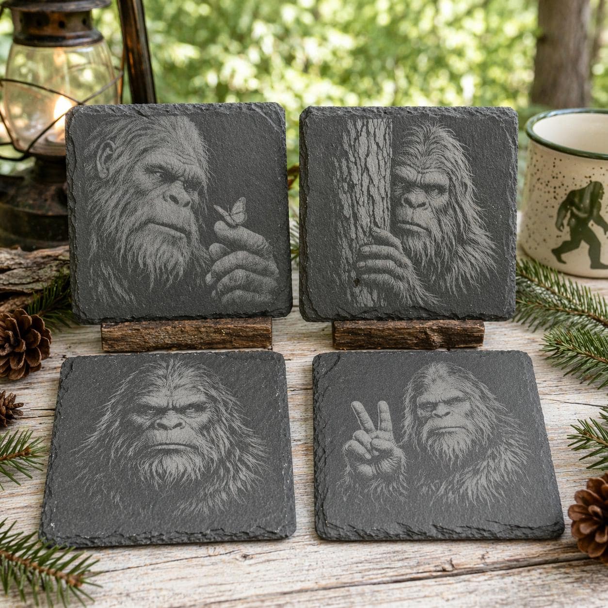 Bigfoot Portrait Coaster Set – 4 Pack Slate Coasters, Sasquatch Close-Up Faces & Forest Scenes