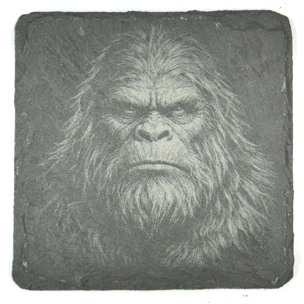 Bigfoot Portrait Coaster Set – 4 Pack Slate Coasters, Sasquatch Close-Up Faces & Forest Scenes