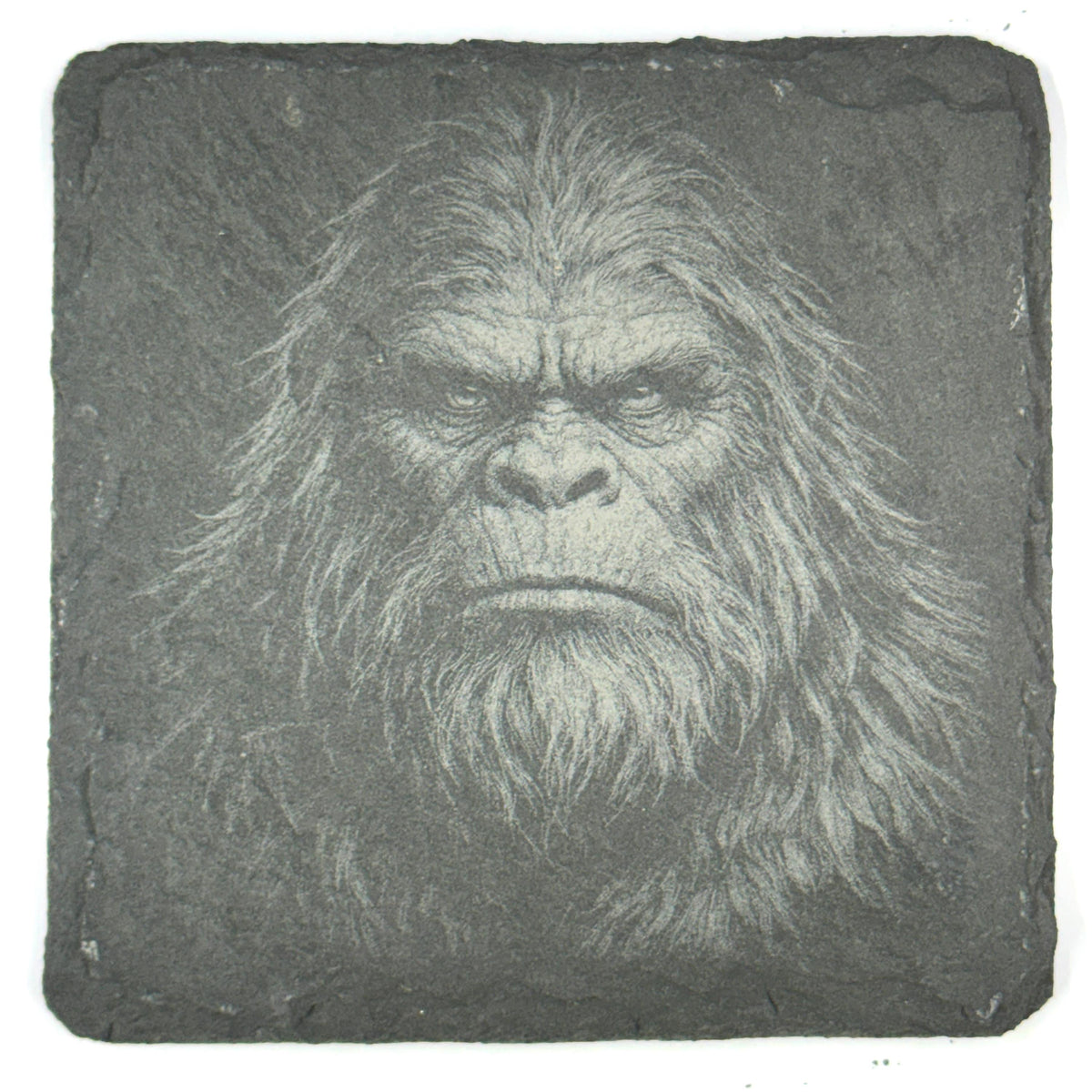 Bigfoot Portrait Coaster Set – 4 Pack Slate Coasters, Sasquatch Close-Up Faces & Forest Scenes