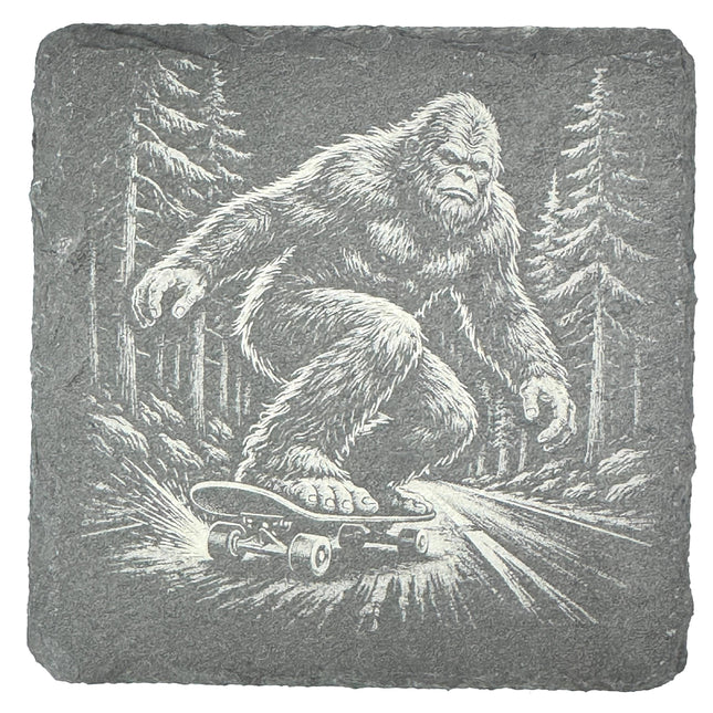 Funny Bigfoot Coaster Set – 4 Pack Slate Coasters, Sasquatch Skateboard, ATV, Kayak & Hammock