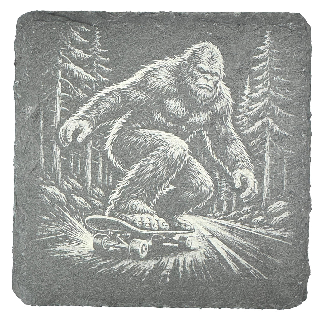Funny Bigfoot Coaster Set – 4 Pack Slate Coasters, Sasquatch Skateboard, ATV, Kayak & Hammock