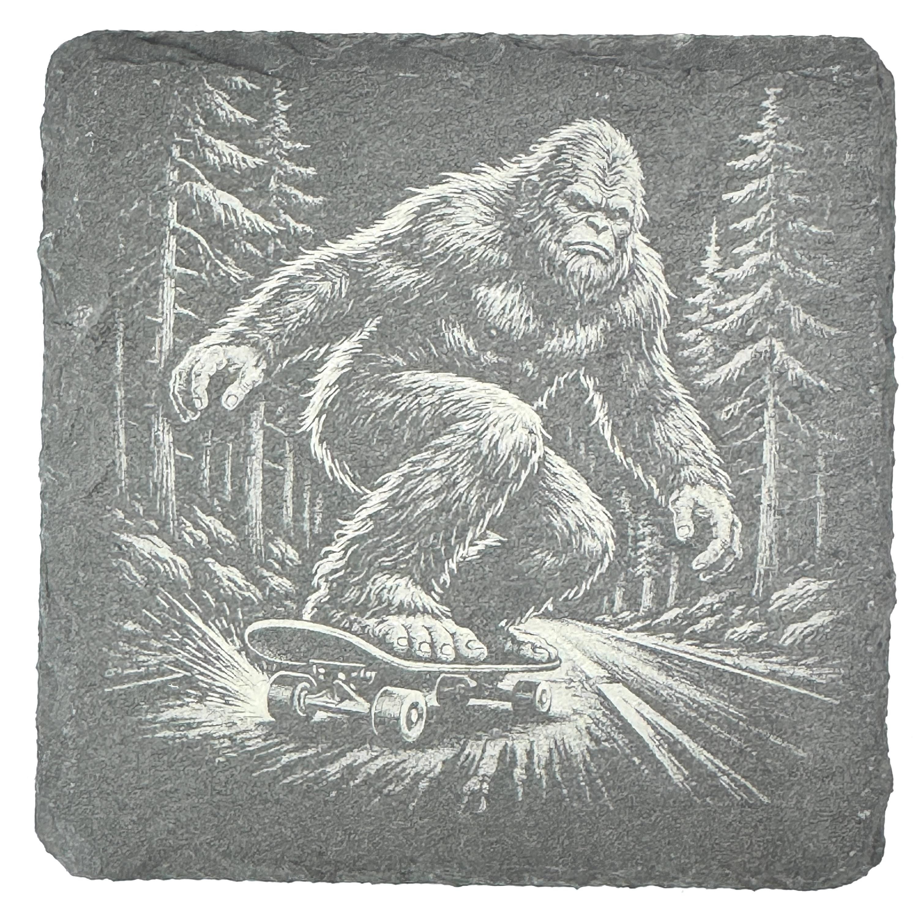 Funny Bigfoot Coaster Set – 4 Pack Slate Coasters, Sasquatch Skateboard, ATV, Kayak & Hammock
