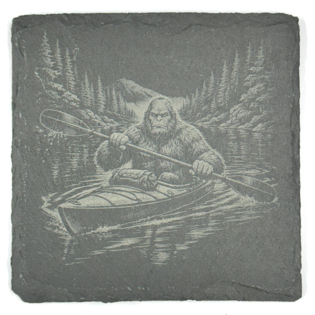 Funny Bigfoot Coaster Set – 4 Pack Slate Coasters, Sasquatch Skateboard, ATV, Kayak & Hammock