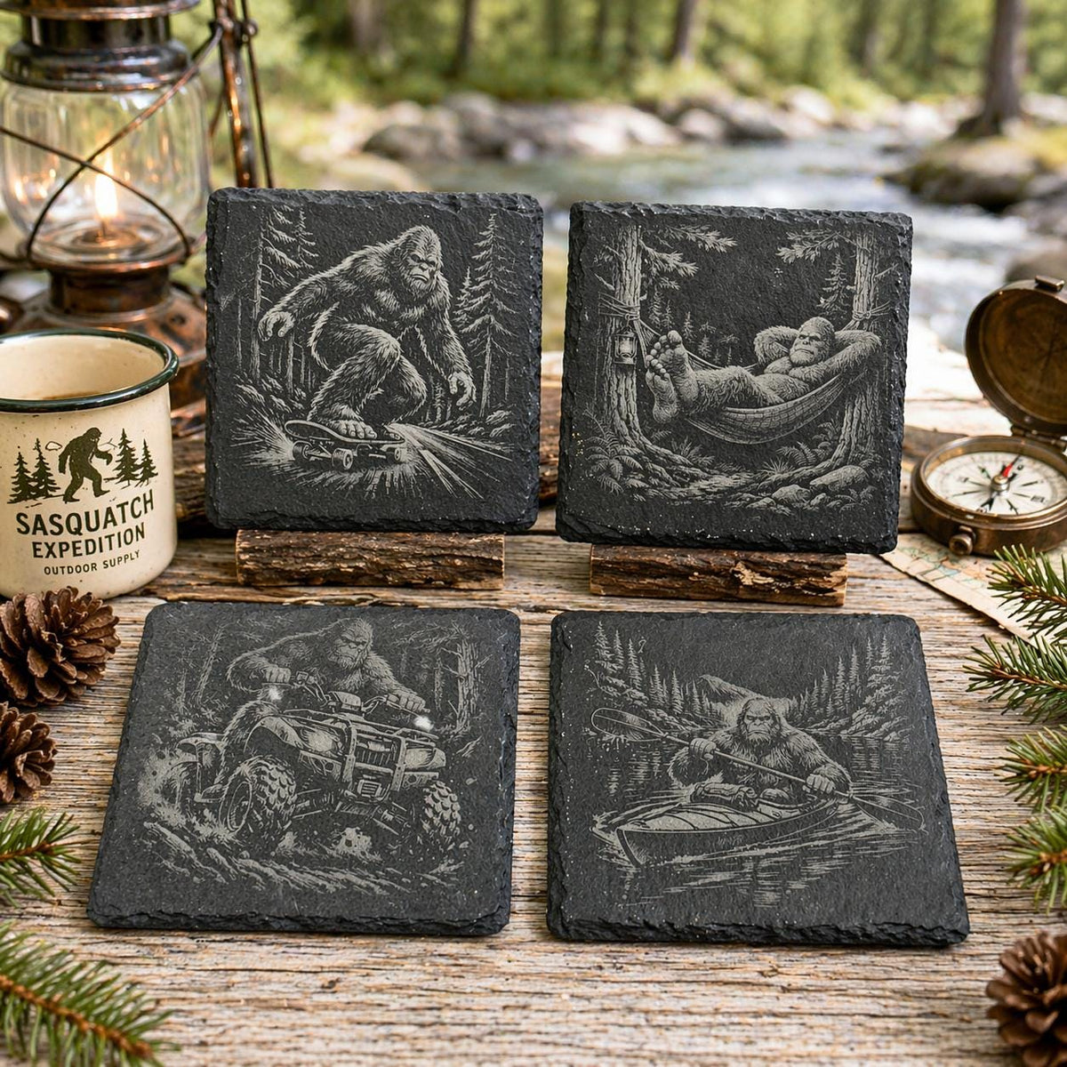 Funny Bigfoot Coaster Set – 4 Pack Slate Coasters, Sasquatch Skateboard, ATV, Kayak & Hammock