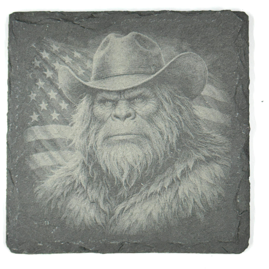 Patriotic Bigfoot Coaster Set – 4 Pack Slate Coasters, American Flag Sasquatch, Cowboy Bigfoot