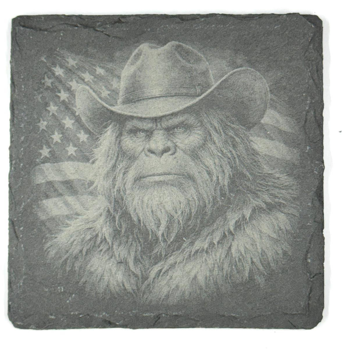 Patriotic Bigfoot Coaster Set – 4 Pack Slate Coasters, American Flag Sasquatch, Cowboy Bigfoot
