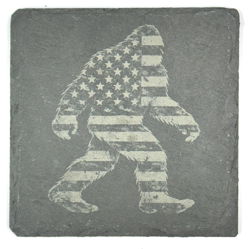 Patriotic Bigfoot Coaster Set – 4 Pack Slate Coasters, American Flag Sasquatch, Cowboy Bigfoot